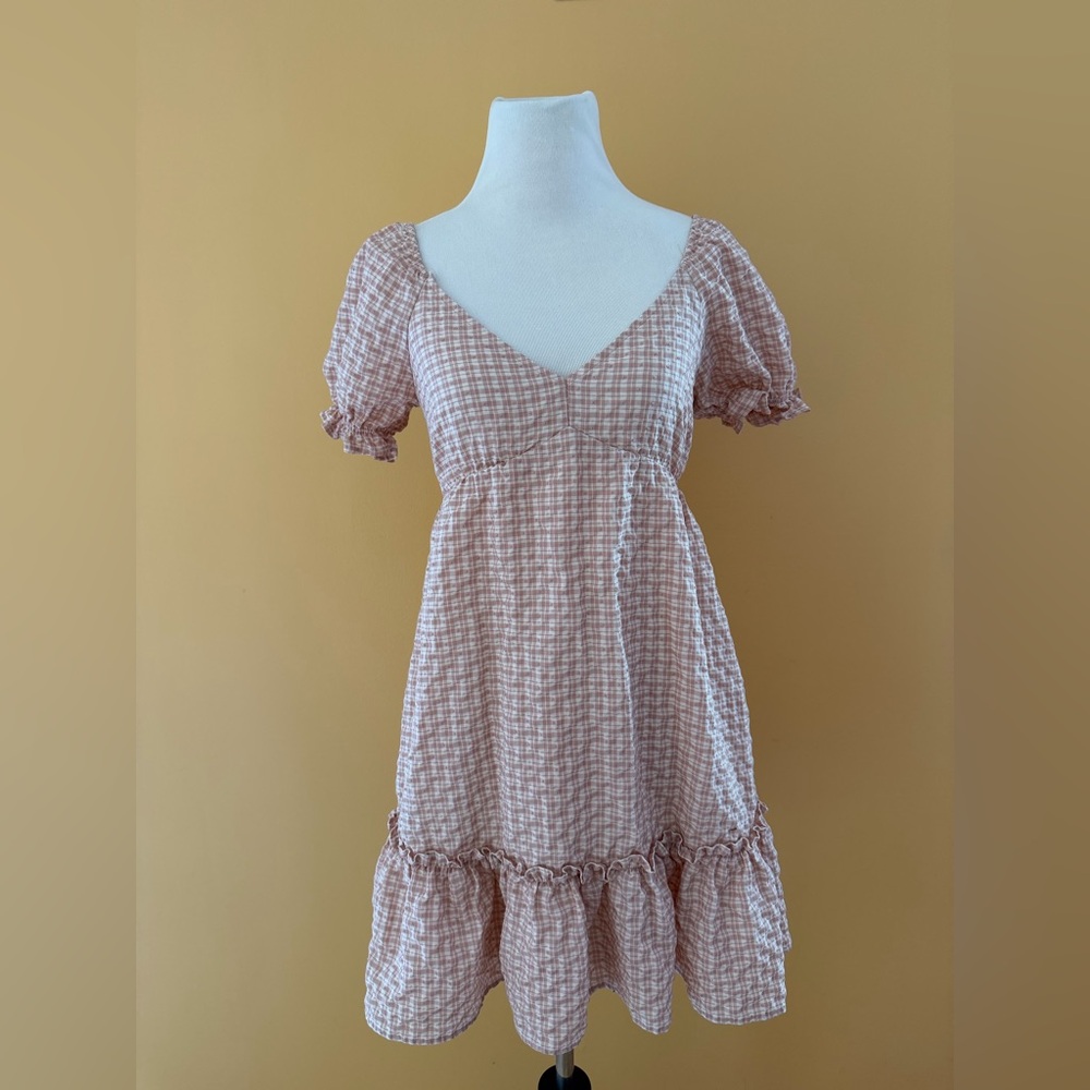 E&M Women's Pink Mauve Gingham Ruffle-Trim Babydoll Dress, Size S